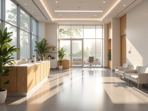 现代化医院建筑外观,白色外墙设计,现代化医疗设施,周围绿化环境良好