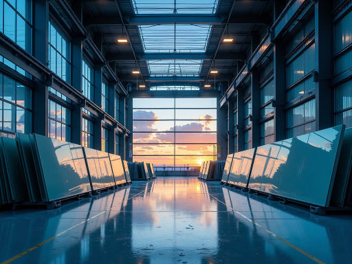 现代化工业厂房外观,钢结构框架结构,大面积玻璃窗采光,周围道路宽敞