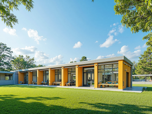 现代化学校教学楼外观,红砖外墙设计,窗户整齐排列,校园环境优美,绿树成荫