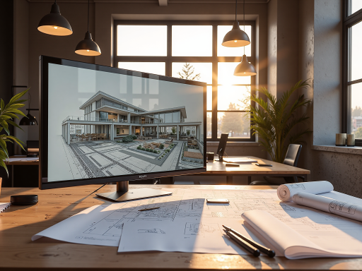 现代化办公室内景,技术人员正在操作电脑进行三维建模,桌面整洁有序,背景有建筑图纸